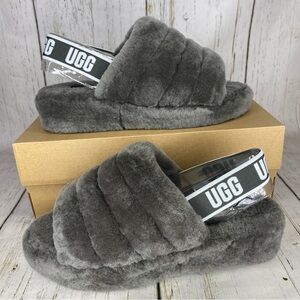 NEW Ugg Australia fluff yeah fur slipper slides charcoal grey size 10
